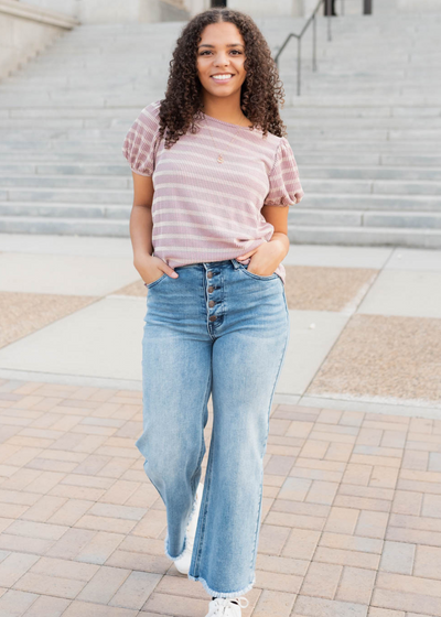 Pink stirpe ribbed top with white stripes