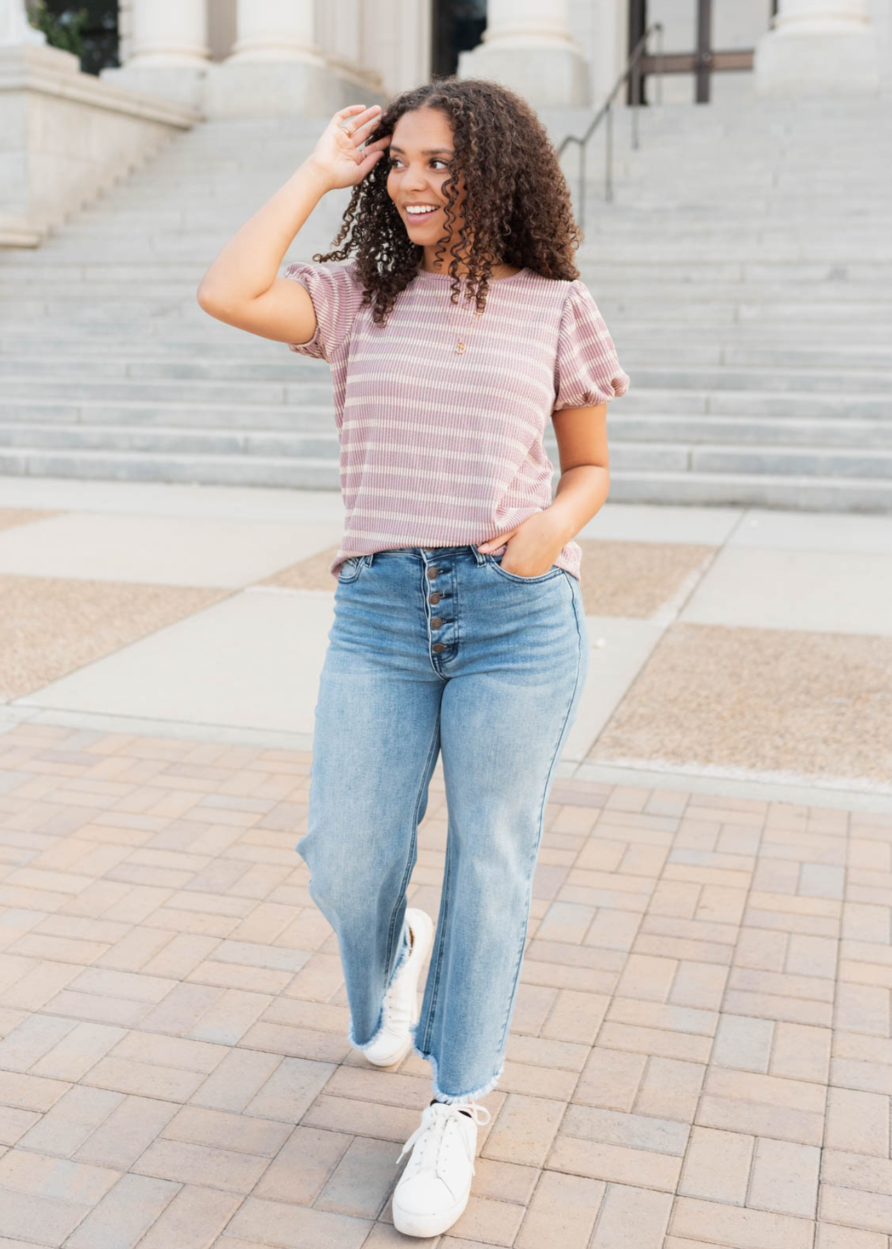 Pink stirpe ribbed top with short sleeves