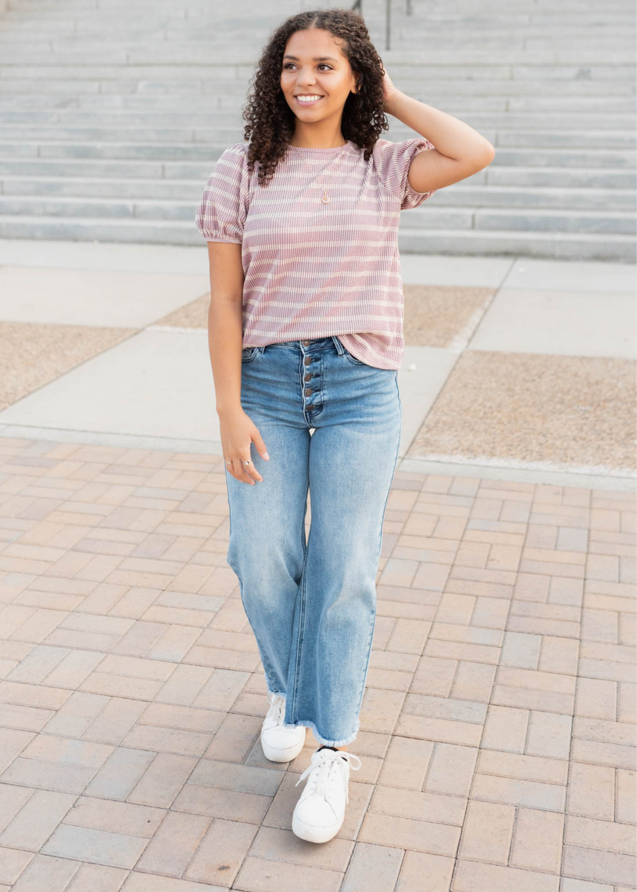 Short sleeve pink stripe ribbed top