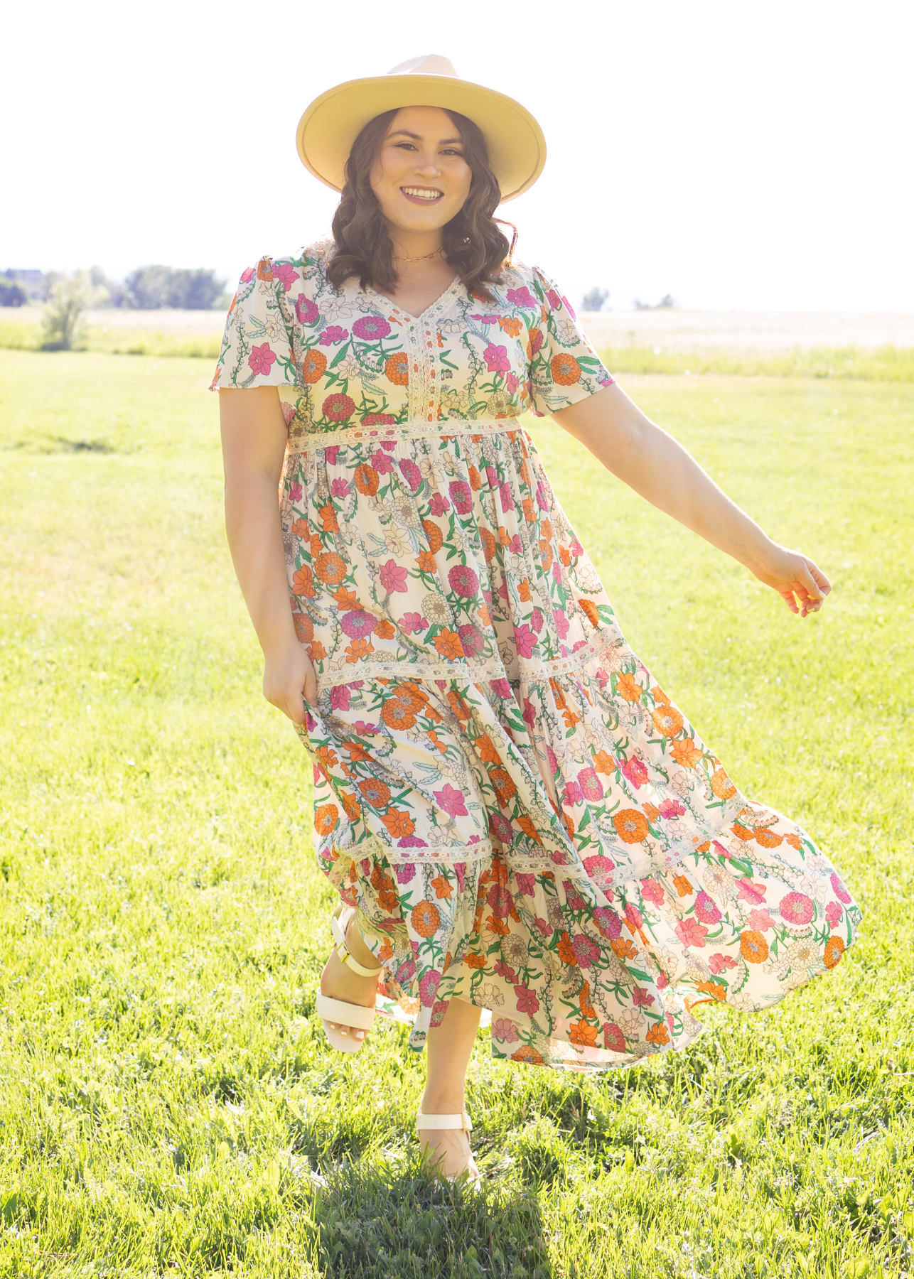 Plus size tan floral dress with lace