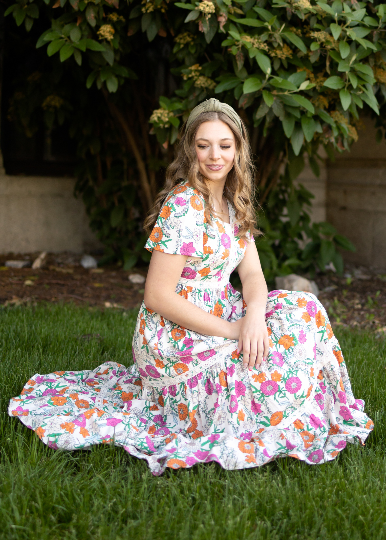 Short sleeve tan floral dress with lace