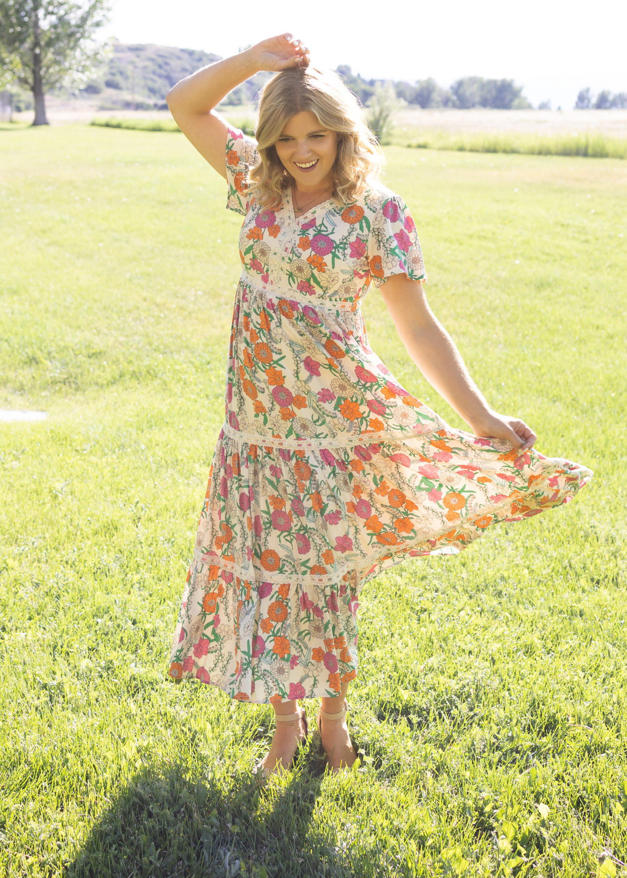 Short sleeve tan floral dress