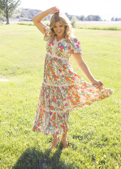 Short sleeve tan floral dress