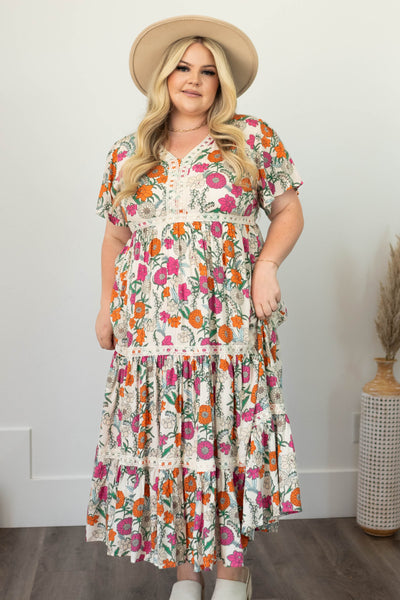 Short sleeve tan floral dress with cream lace