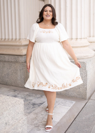 Modest ivory embroidered dress in plus sizw with short sleeves