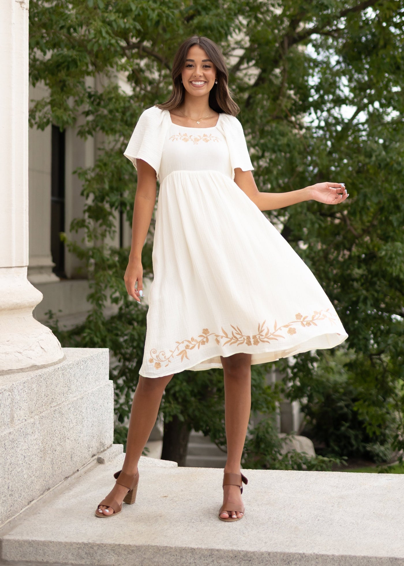 Modest ivory embroidered dress