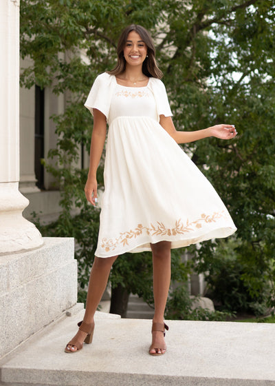 Modest ivory embroidered dress