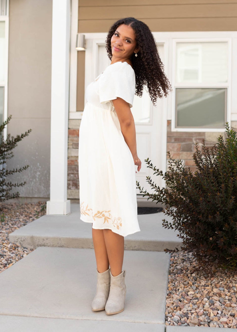 Short sleeve modest ivory embroidered dress