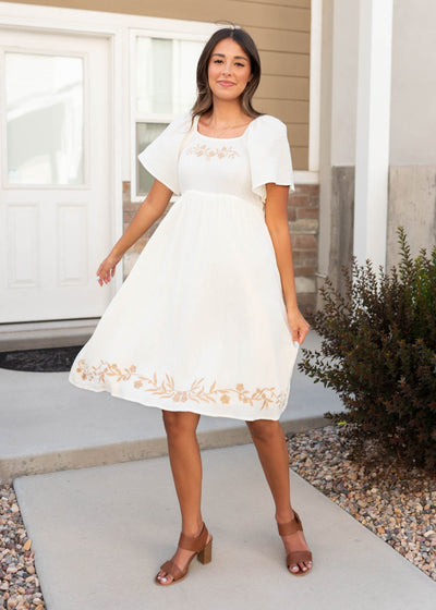 Modest short sleeve ivory embroidered dress