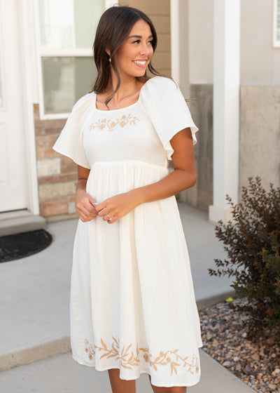 Modest ivory embroidered dress with short sleeves