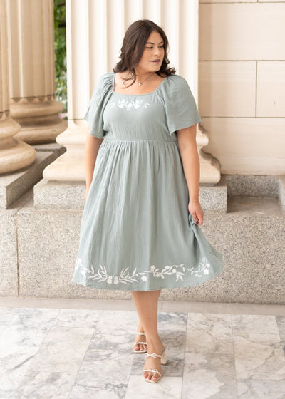 Short sleeve modest plus size light sage embroidered dress