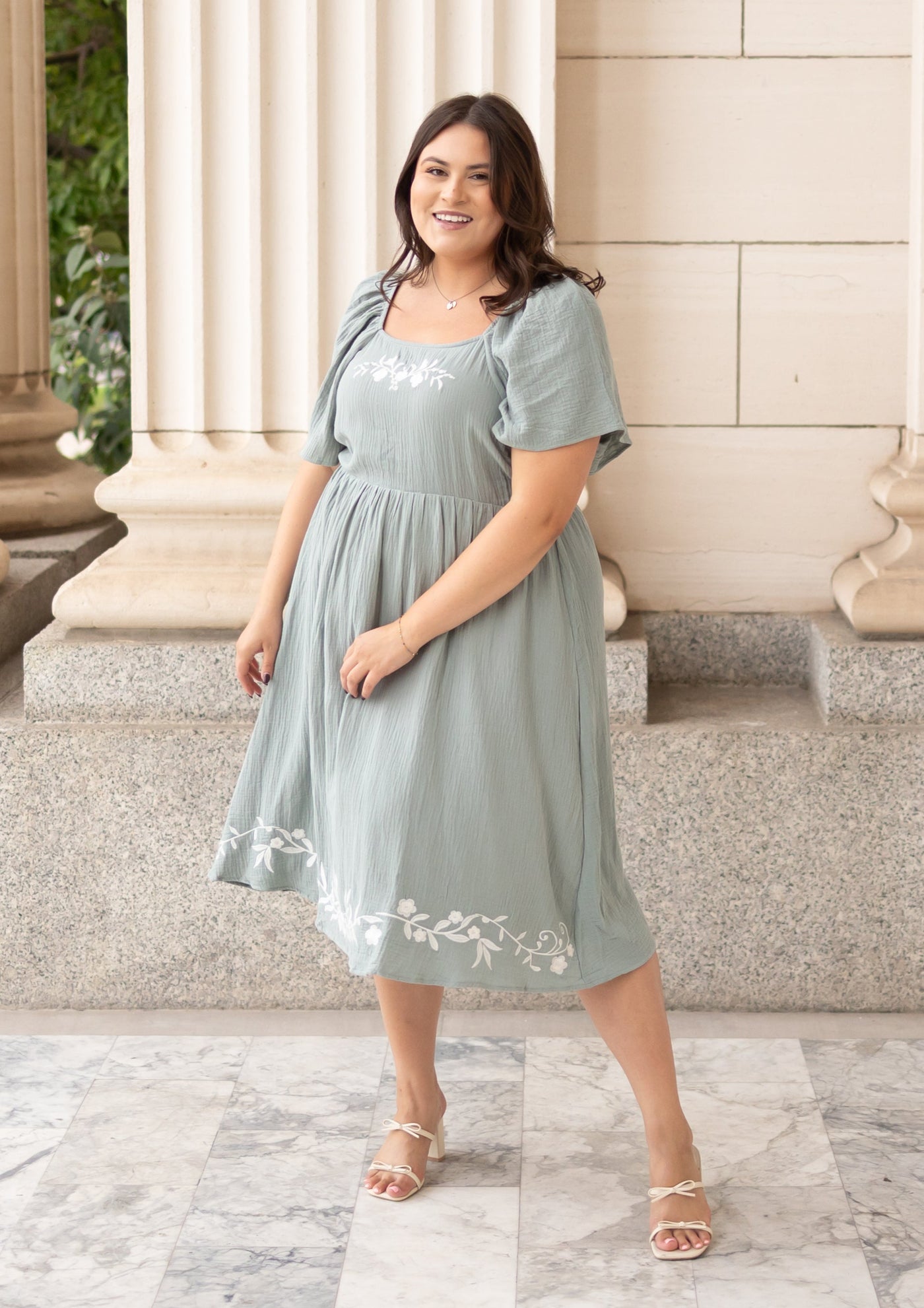 Plus size Lena Lou light sage embroidered dress at Lena Layne