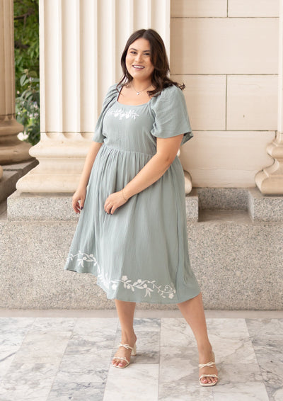 Plus size Lena Lou light sage embroidered dress at Lena Layne