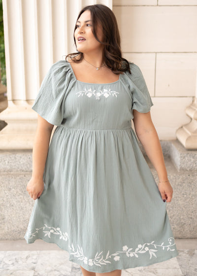 Modest light sage embroidered dress by Lena Lou in plus size