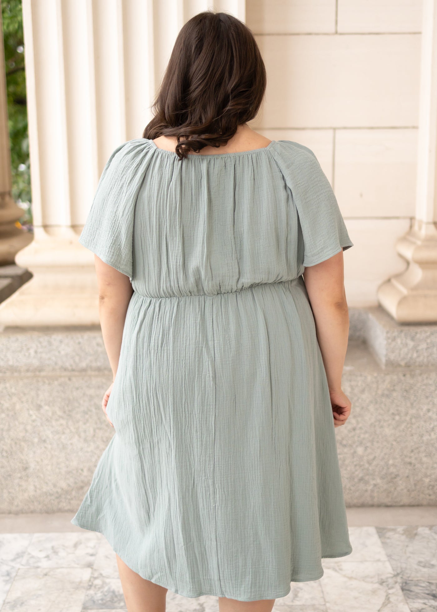 Back view of the plus size light sage embroidered dress