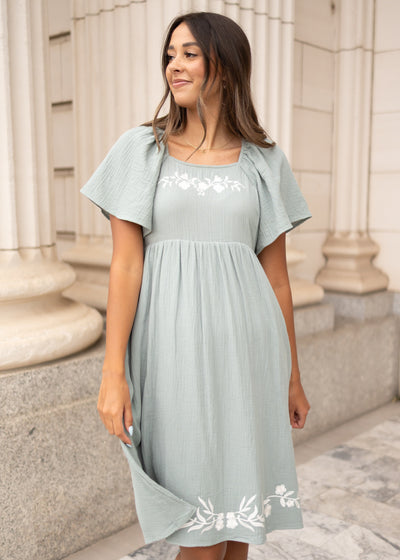 Modest short sleeve light sage embroidered dress at Lena Layne