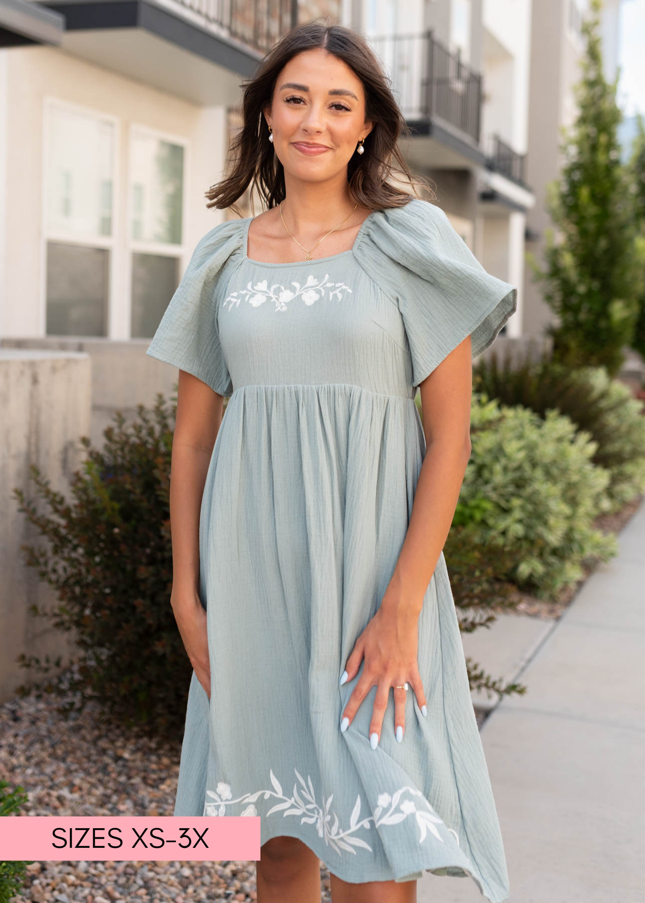 Modest light sage embroidered dress