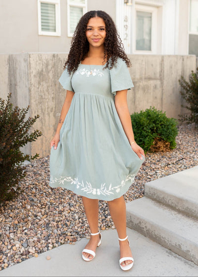 Short sleeve knee length light sage embroidered dress