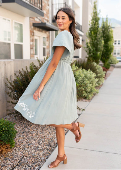 Modest light sage embroidered dress at Lena Layne