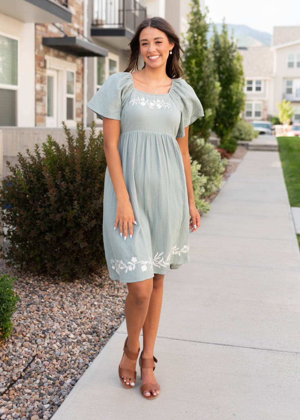 Modest light sage embroidered dress with short sleeves at Lena Layne