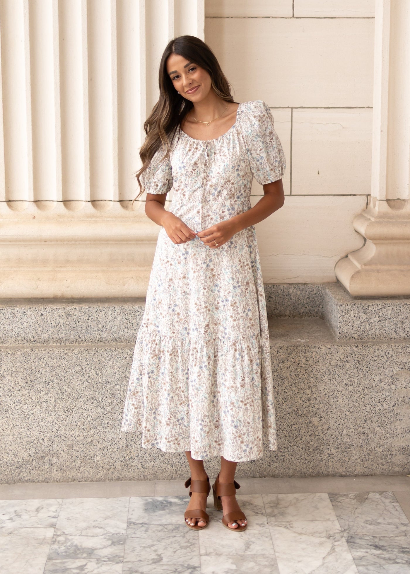 Modest cream floral dress with short sleeves