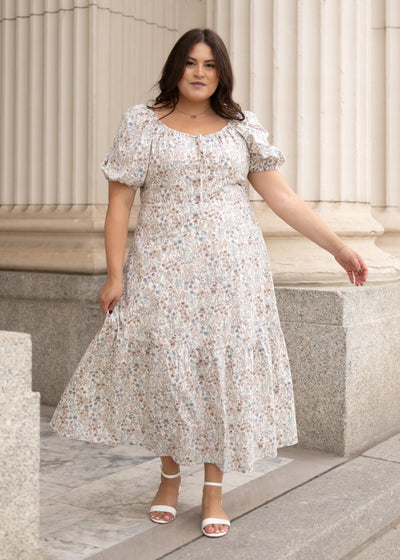 Modest Cleo cream floral dress in plus size