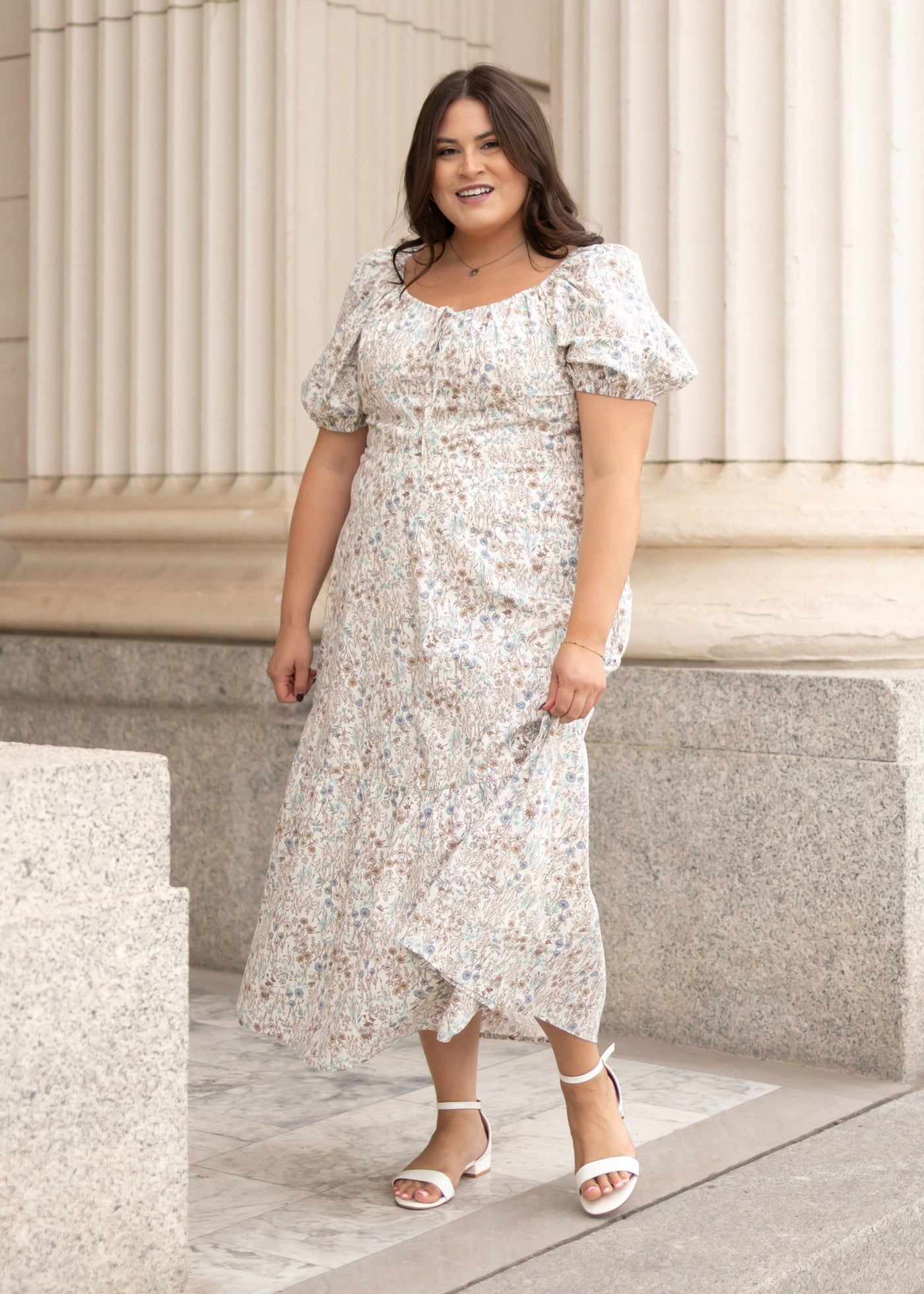 Modest cream floral dress in plus size with a tie at the neck at Lena Layne