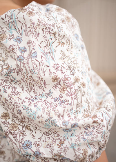 Close up of the fabric on the cream floral dress