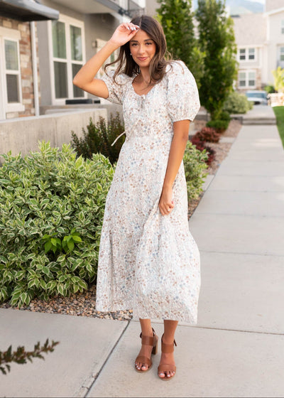 Modest cream floral dress at Lena Layne with short sleeves