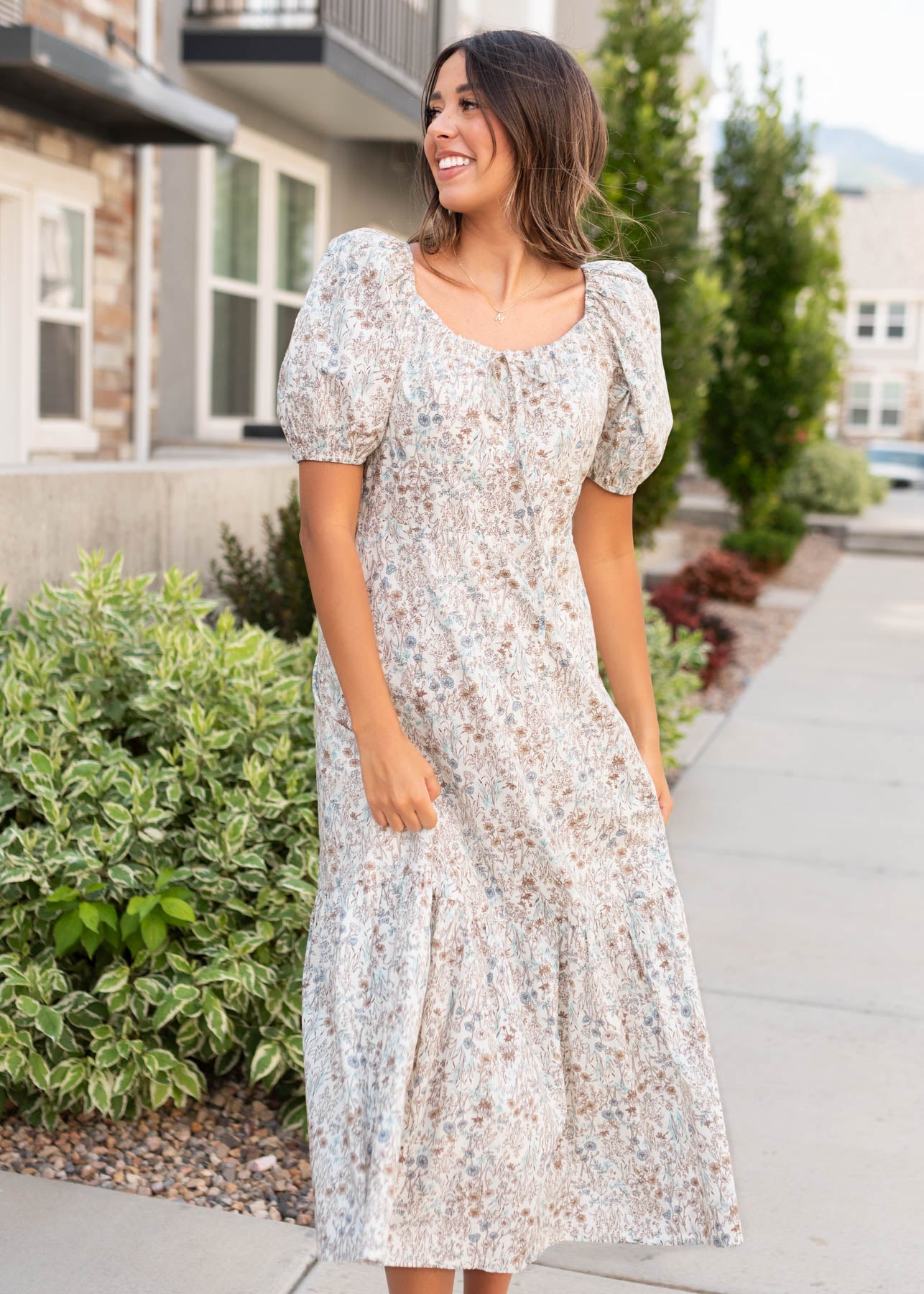 Modest cream floral dress with short sleeves