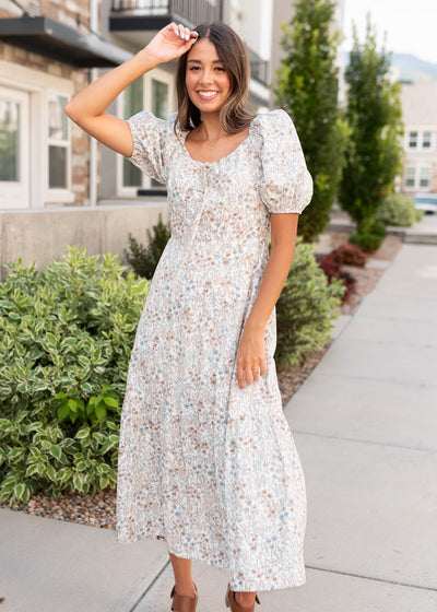 Short sleeve cream floral dress at Lena Layne
