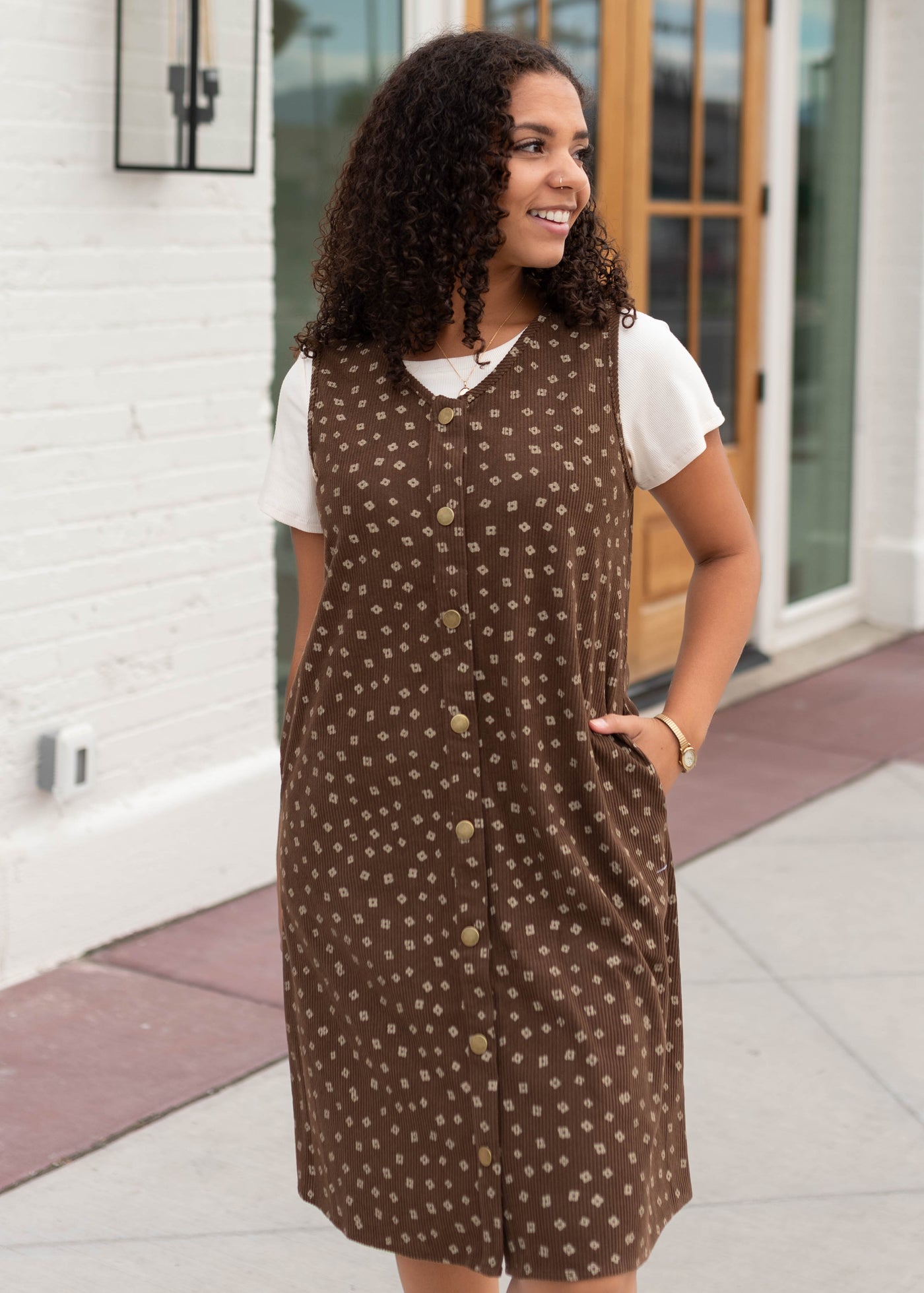 coco brown dress Floral Jumper Mini – Lena Layne cut neckline adds a