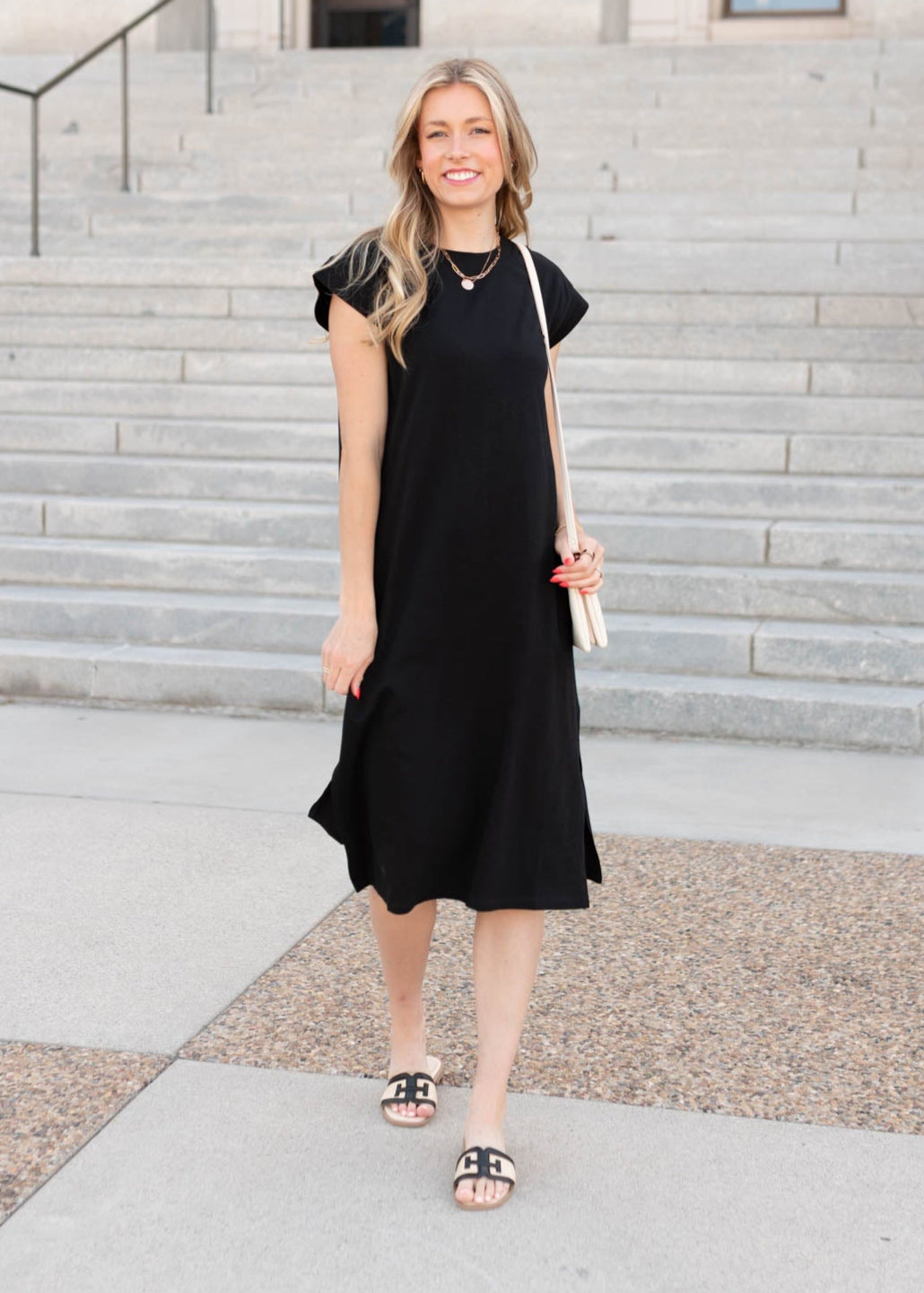 Carbon black dress with cap sleeves