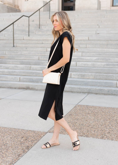 Cap sleeve carbon black dress