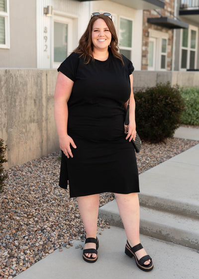 Below the knee plus size carbon black dress