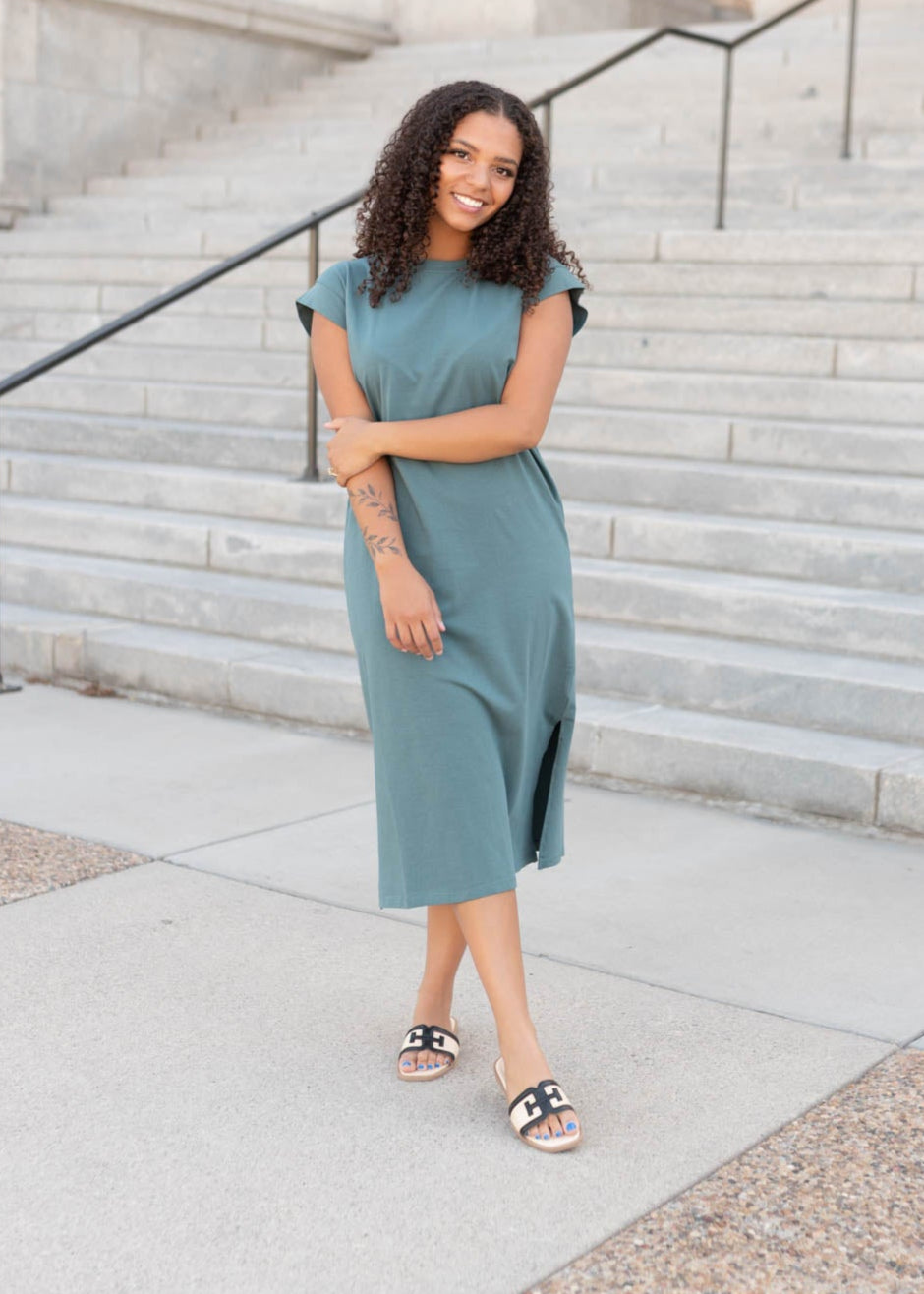 Cap sleeve forest green dress