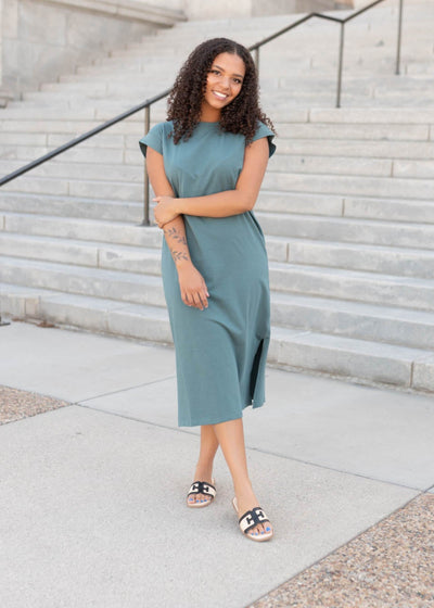 Cap sleeve forest green dress