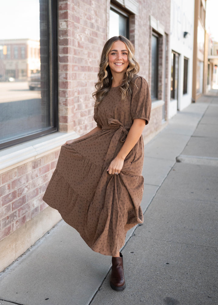 Cora Chestnut Floral Tiered Tie Midi Dress – Lena Layne