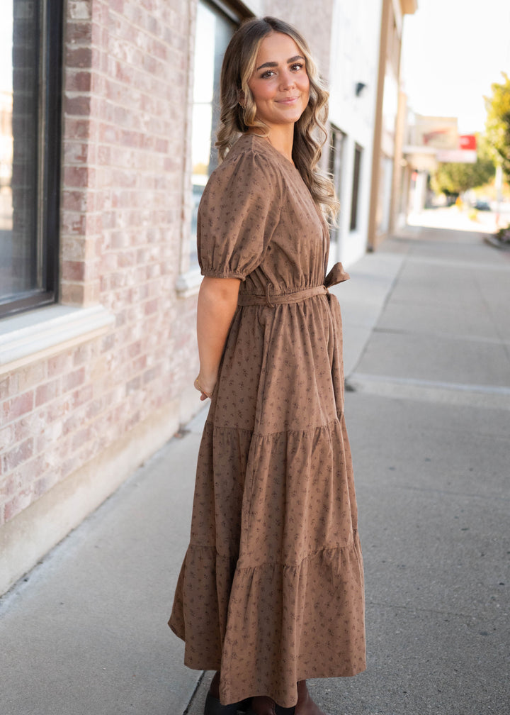 Cora Chestnut Floral Tiered Tie Midi Dress – Lena Layne