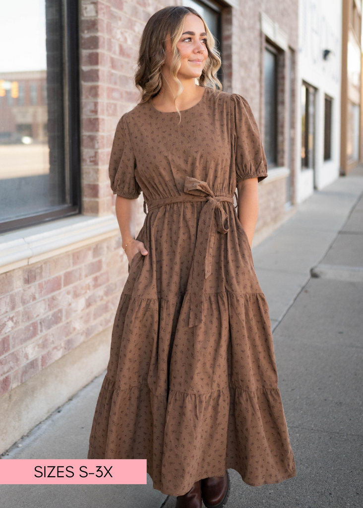 Cora Chestnut Floral Tiered Tie Midi Dress – Lena Layne