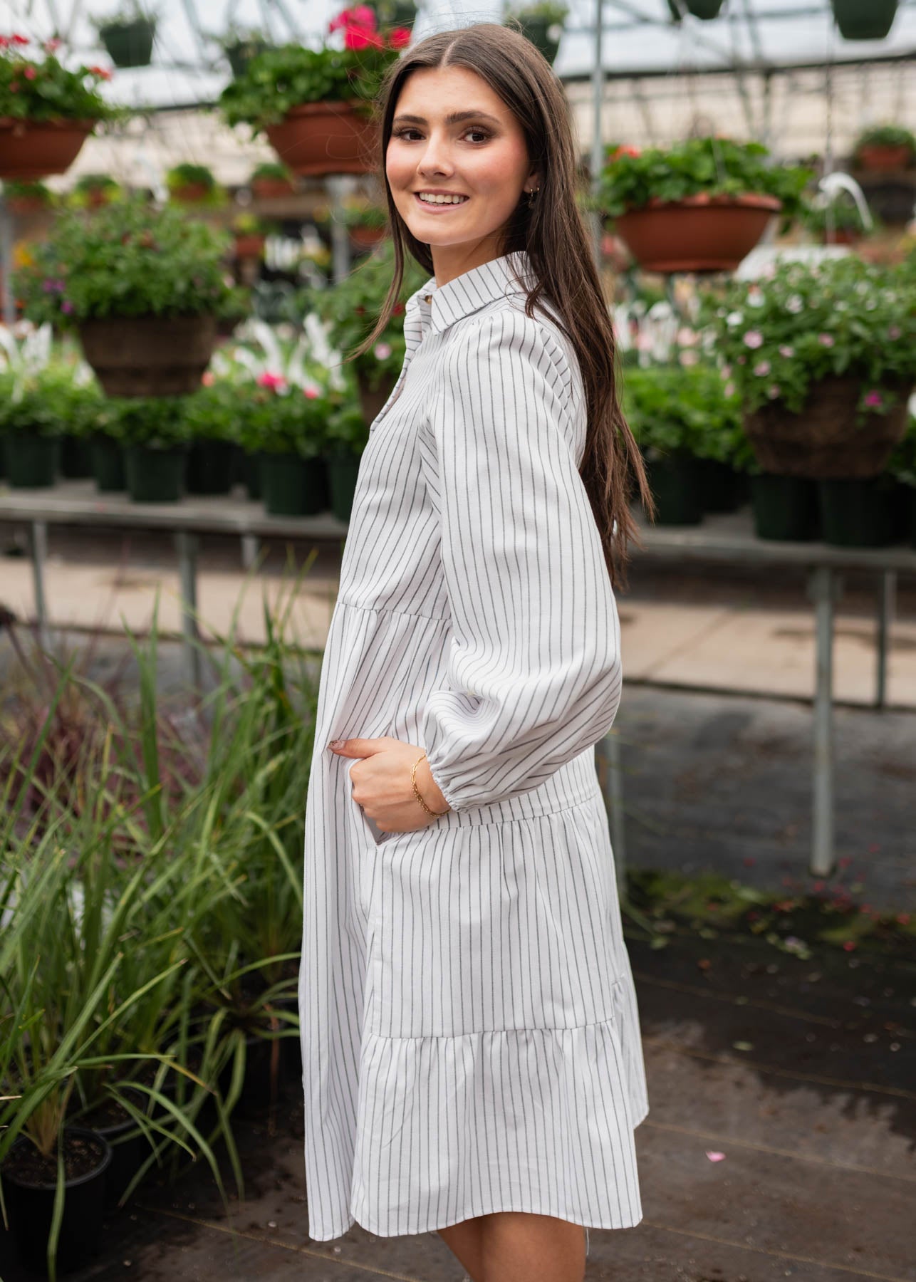 Side view of the white stripe dress