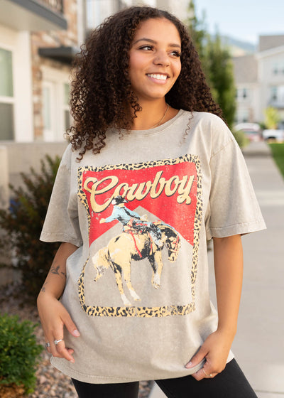 Short sleeve cowboy light mocha graphic tee at Lena Layne
