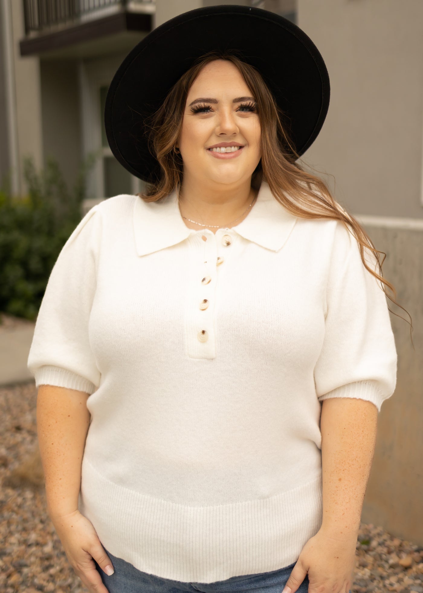 Plus size short sleeve ivory top with collar and button up neck