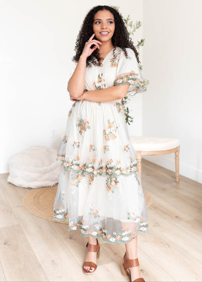 Wild flower taupe dress with embroidery