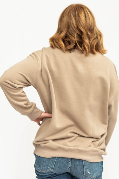 Back view of a tan tiger sweat shirt.