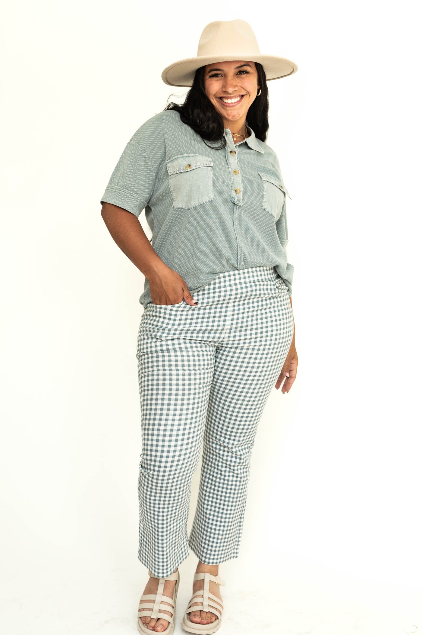 Ankle length seafoam straight leg pants.