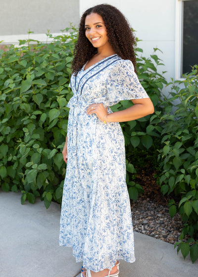 Side view of the blue floral dress