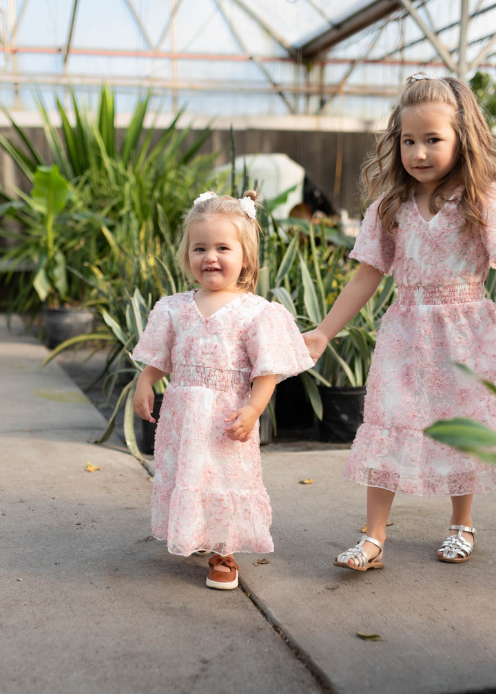 Aubree Pink Floral Swiss Dot Little Girls Dress | Mommy & Me