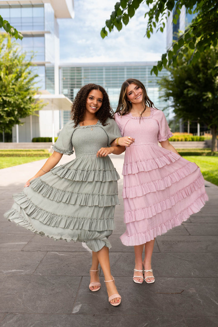 ruffle tiered dress Korin Sage - Ruffle Dress Corset bodice with tie Material:55.7% Acrylic 44.3% Cotton unique clothes Gorgeous Needle and Thread