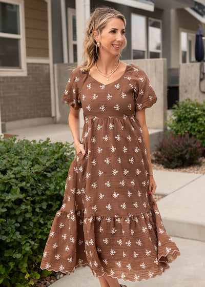 Short sleeve walnut floral embroidered dress sold at Lena Layne
